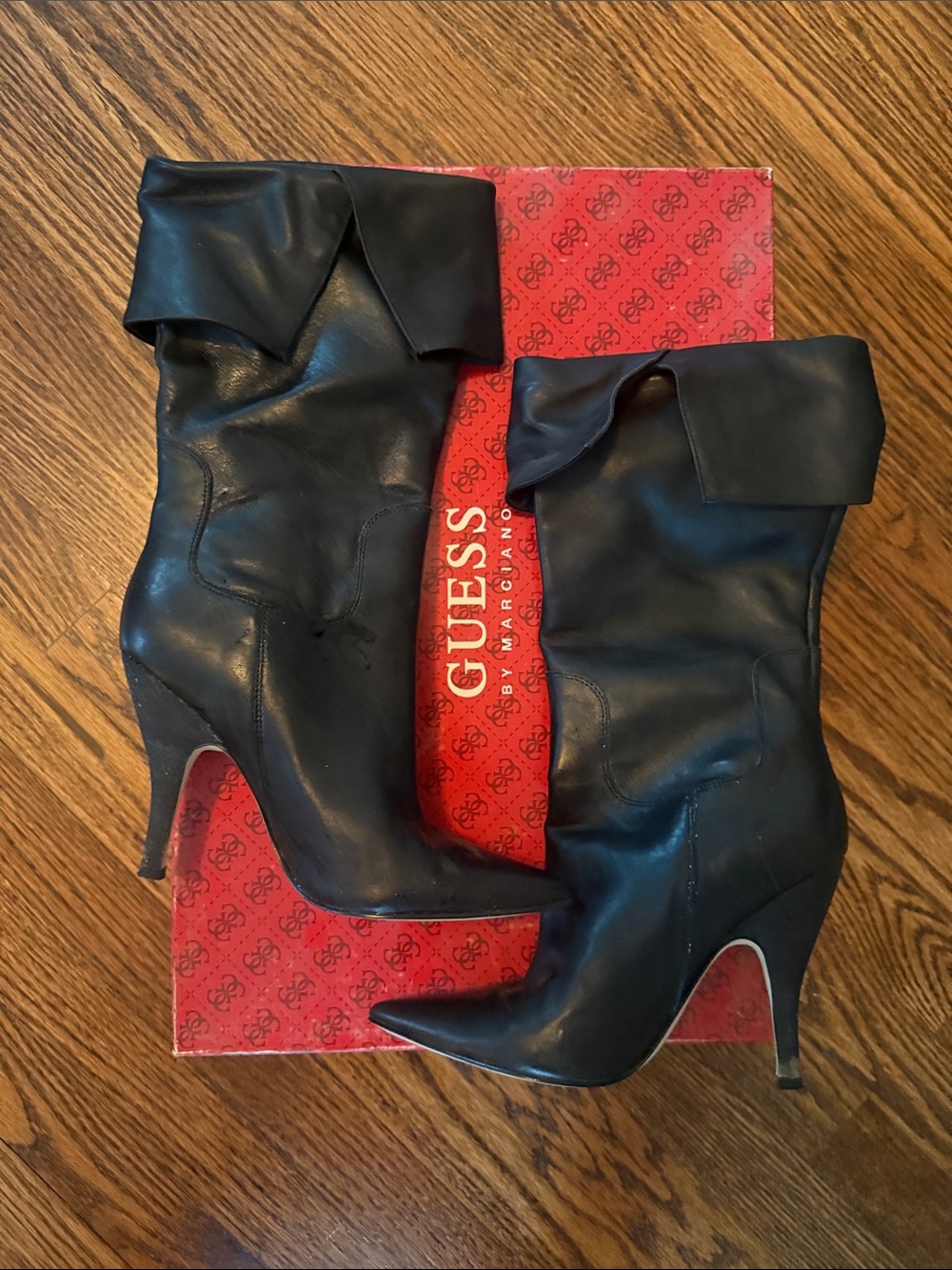 Guess by Marciano Black Fold-Over Pointed-Toe Stiletto Boots